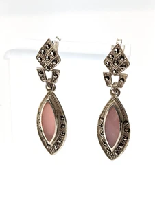 Vintage 925 Sterlingsilber zartrosa Opal Markasit Akzent Ohrringe 1,5" Tropfen - Bild 1 von 7