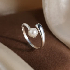 925 Sterling Silver Minimalist Pearl Twist Adjustable Ring Gifts Girls Womens - Picture 1 of 4