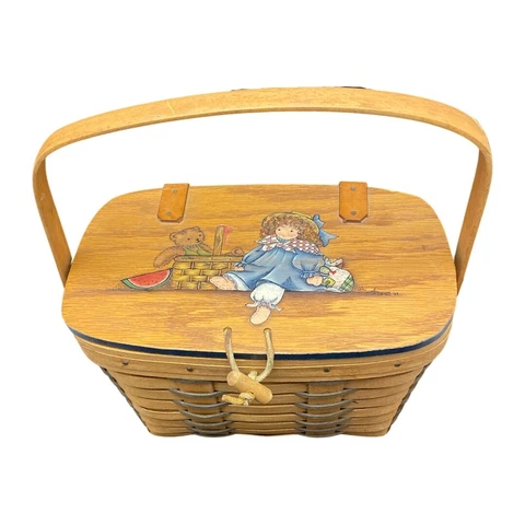 LONGABERGER Medium Basket Purse 1991 Leather Straps Painted Picture Cover