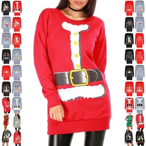 Womens Christmas Fleece Ladies Xmas Printed Sweatshirt Long Sleeve Jumper Dress - Picture 1 of 58