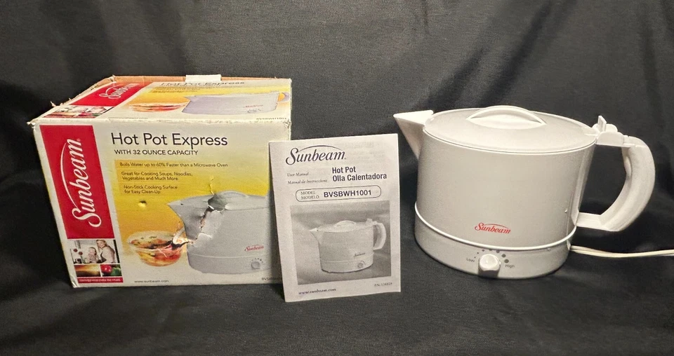 Sunbeam Hot Pot Express Eléctrico Abatible Top Ajustable Calor Blanco 32 OZ Funciona, Caja Foto 1 de 4