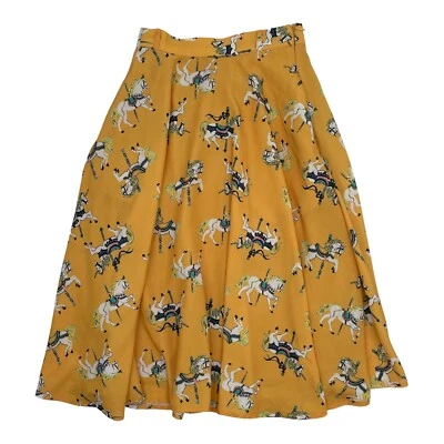 Modcloth Anthropologie Horse Carousel Midi A-Line Skirt Pockets Yellow XXS US 00 - Image 1 of 4