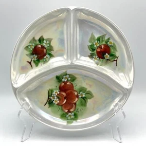 Plato de servir dividido antiguo vintage pintado a mano de porcelana con brillo de fruta de manzana - Imagen 1 de 10
