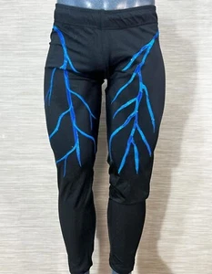 Glossy black spandex pro wrestling tights with blue lightning details M - Picture 1 of 4