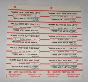 Elton John Full Sheet of 10 Jukebox Title Strips Mama Can't Buy You Love - Imagen 1 de 1