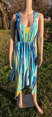 VESTIDO DE SALÓN SOMA AZUL A RAYAS CON DOBLADILLO ASIMÉTRICO CON BOLSILLOS MEDIANO Foto 1 de 4