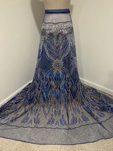 Royal Blue Beaded Iridescent Sequins Embroidery Lace Fabric 50” Width 1 YARD - Picture 1 of 10