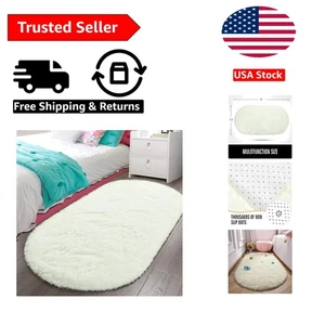 Soft Oval Bedroom Rug 2.6' x 5.3' - Fluffy Non-Slip Area Carpet in Cream - Picture 1 of 9