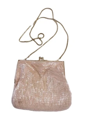 Bolso sin asas vintage blanco semilla micro cuentas lentejuelas bolso de noche Hong Kong aleta Foto 1 de 4