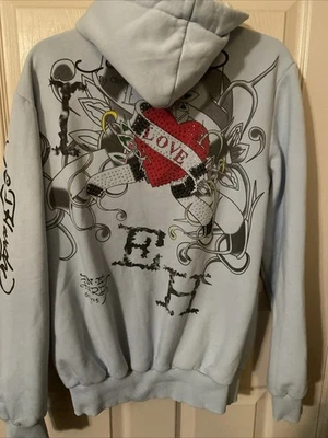 Sudadera con Capucha De Colección Ed Hardy por Christian Audigier Y2K Azul Claro Estrás Corazón XL Foto 1 de 4