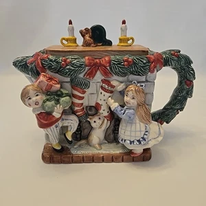 Fitz & Floyd Teekanne 1992 Weihnachten Kamin mit Kindern 32oz - Bild 1 von 13