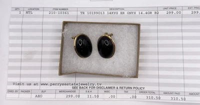 Серьги-гвоздики из чистого желтого золота 14 карат с большим овальным черным ониксом 14,4 г - Изображение 1 из 4