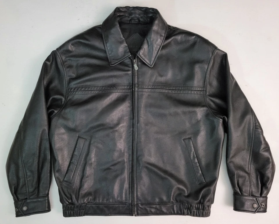Roundtree & Yorke Black Leather Moto Bomber Full Zip Jacket Men's Large - Image 1 of 4