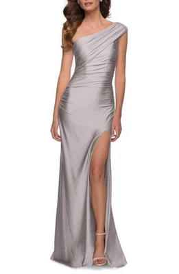 La Femme 29619 One-Shoulder Shiny Jersey Gown SZ 14 Silver $328 - Image 1 of 2