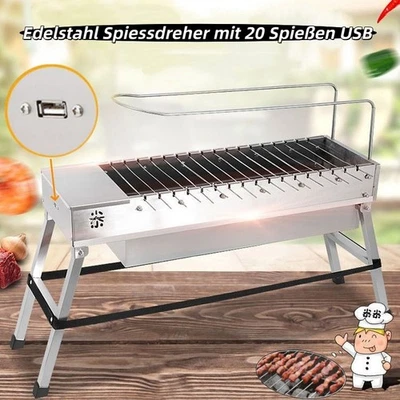 Mangal Set Spießdreher Schaschlikgrill Edelstahl Drehspieß mit 20 Spießen USB  - Bild 1 von 4