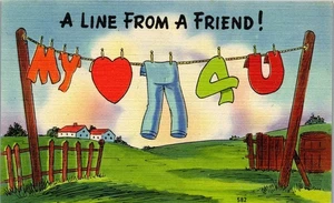 Vintage Comic Humor Postkarte Mein Herz Hose für dich Rebus Wort Puzzle unbenutzt - Bild 1 von 3