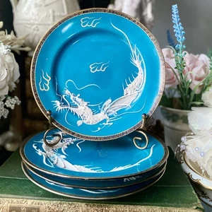 Japanese Hand Painted Plates x4 Dragon Ware Hand Painted HP by Hayasi Teal Blue - Picture 1 of 11