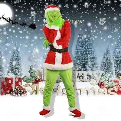 Adult Costume The Grinch Mens Christmas Santa Xmas Cosplay Fancy Outfit Set UK