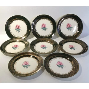 Taylor Smith Taylor Green Gold Border Pink Rose Center Plates 7.5" Set of 8 - Picture 1 of 23