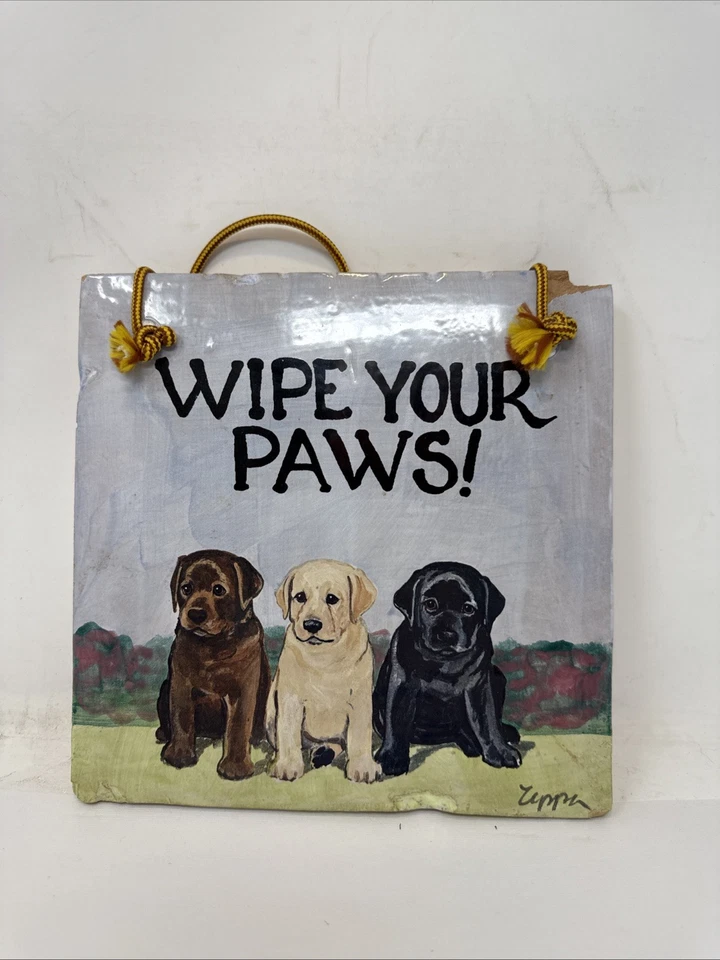 Zeppa Studios "Wipe Your Paws" Labrador Puppies Wall Hanging Plaque  8.5" x 8.5" - Image 1 of 3