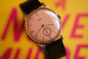 Rare Eska Pink 18k Gold With Original Peach Pink Dial 33mm Solid Gold - Picture 1 of 24