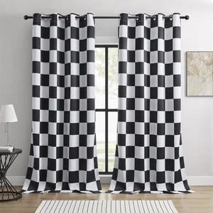 100% Blackout Curtains – Black and White Checkered Race Flag Pattern, 2 Panel... - Picture 1 of 8