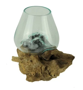 Clear Molten Glass On Teak Driftwood Base Decorative Bowl Vase Terrarium Planter - Picture 1 of 5