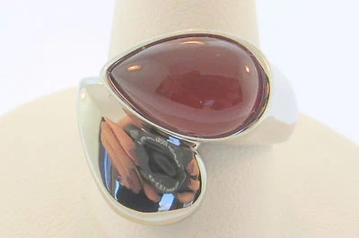 Women's  Polished Stainless Steel with Red Orange Pear Shape Cabochon  Stone   - Image 1 of 4
