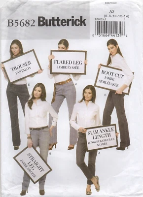 Butterick Sewing Pattern 5682 EASY Trousers Jeans Flared Boot Cut Slim 6-14 New - Image 1 of 4