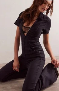 WE THE FREE People Women Jayde Jumpsuit Size S Black Denim Flare Leg Zip Front - Picture 1 of 6