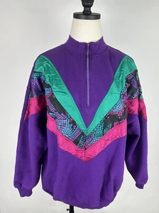Vintage 90s 1/4 Zip Sweatshirt WOMENS L Purple Teal Fuchsia Pockets Art to Wear - Picture 1 of 14