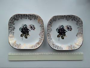 Pair of Hostess British Anchor Pottery 1960s Black Roses Plates
