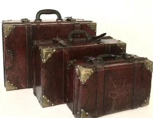 Nesting Trunks Faux Leather Steamer Suitcase 3Pc Set Replica Brass Edges Display - Picture 1 of 7
