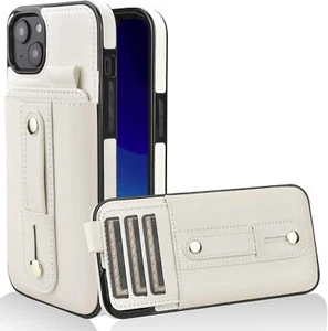 iPhone 15 Case Leather Wallet RFID Blocking Kickstand Card Holder Beige - Picture 1 of 10