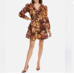NWT Walter Baker Josephina Dress Mini Ruffle Floral Tropical Brown-Peach SZ 12 - Picture 1 of 13