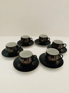Kutani Japan Black and Gold Porcelain Demitasse Cup and Saucer *Set of 6* - Picture 1 of 12