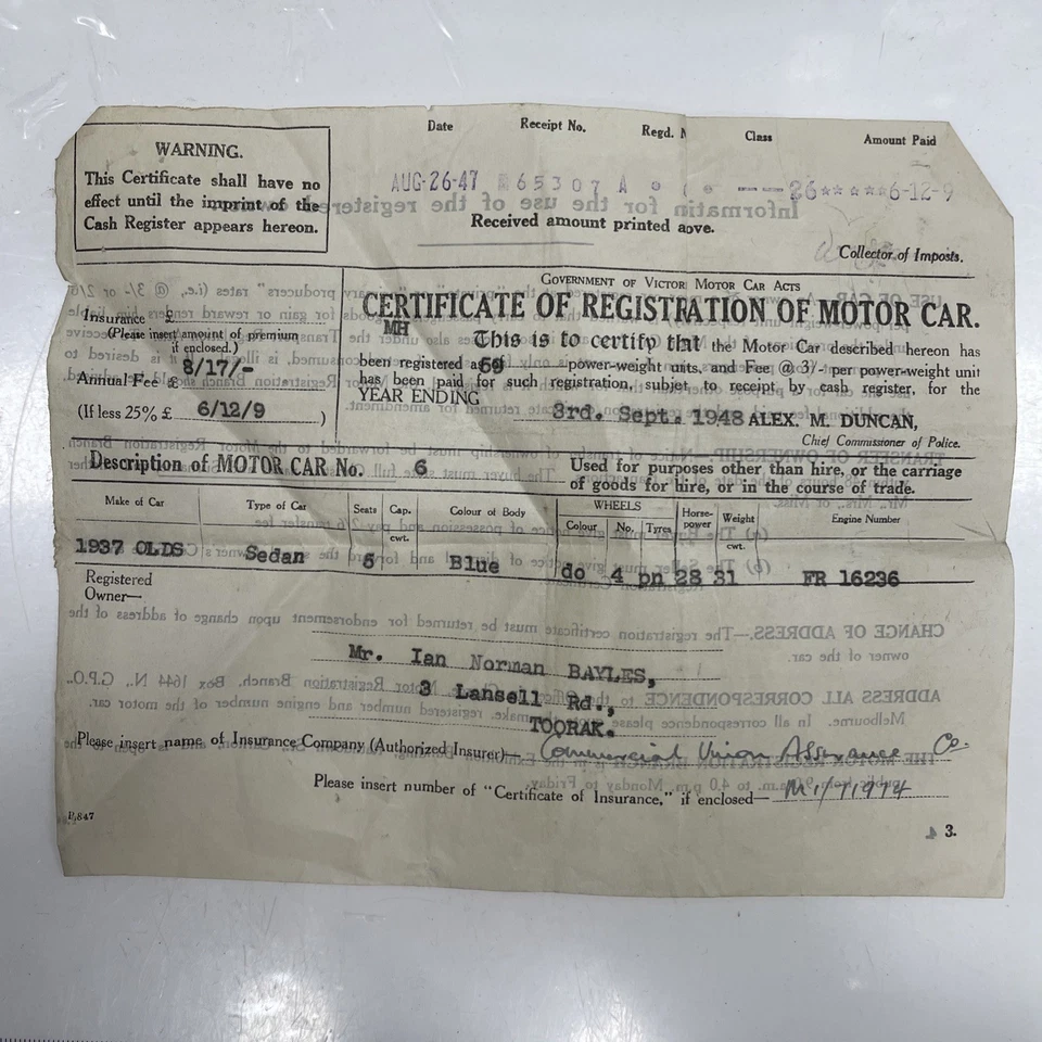 ORIGINAL VINTAGE EPHEMERA Car Registration Certificate 1948 37 Oldsmobile Toorak - image 1 of 3