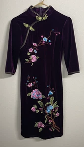 Damen Blumen Samt Cheongsam Chinesischer Stil Stickerei Slim Fit Qipao Kleid GR. S - Bild 1 von 7