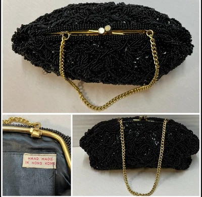 Bolso de noche vintage hecho a mano negro con cuentas cierre de beso correa tono dorado Hong Kong Foto 1 de 4
