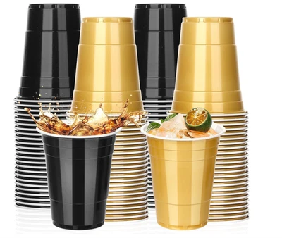 50PCS 16 Oz Plastic Graduation Cups - Black and Gold Disposable Party Cups - Image 1 of 4
