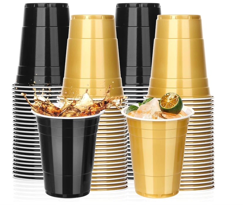 50PCS 16 Oz Plastic Graduation Cups - Black and Gold Disposable Party Cups - Image 1 of 4