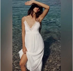 Zara Träger Guipure Maxi Spitzen Kleid XS Damen Weiß V-Ausschnitt Low Back Strand Boho - Bild 1 von 17