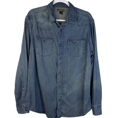 Camisa vaquera Helix para hombre perla gráfica a presión manga larga cuello botón talla L Y2K Foto 1 de 4