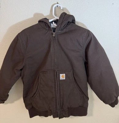 Carhartt Jacket Youth Boys Medium 10-12 Brown Canvas Chore Coat Quilt Lined Hood - Image 1 of 4