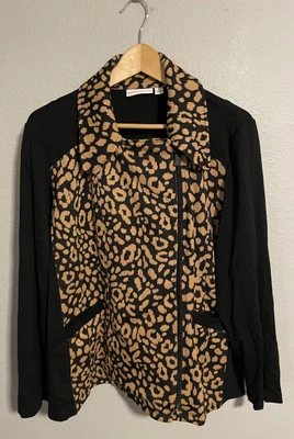 Susan Graver Womens Sweater 1X Brown Leopard Print Stretch Full Zip Mob Wife - Image 1 of 4