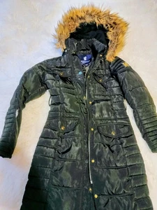 Rocawear Women's Long Black Parka Puffer Coat Small Jacket Faux Fur Trim - Picture 1 of 5