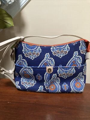 Bolso Cartera Spartina 449 Daufuskie Island Lino Cuero Azul Naranja Cachemira Foto 1 de 4