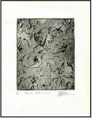 ¡Gatos y ratones lloviendo no perros! Grabado expresionista firmado Foto 1 de 2