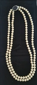 VINTAGE FAUX PEARL GLASS BEAD DOUBLE STRAND 23" NECKLACE DECO RHINESTONE LATCH - Picture 1 of 12
