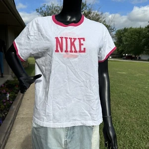 Vintage 90s Y2k 2000s Nike Shirt Damen XL White Pink Spellout Crop Ringer Baby Tee - Bild 1 von 7